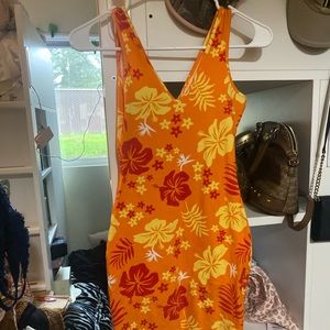 Orange Hawaiian Floral Body Con Dress